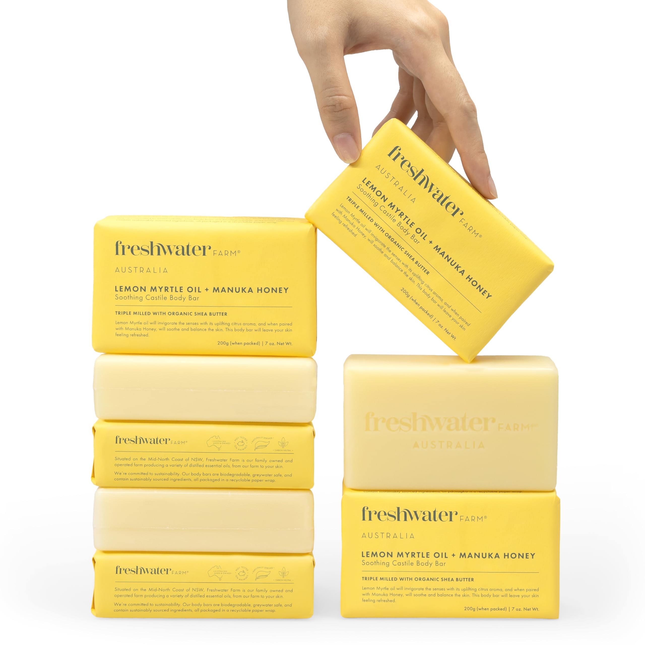 Freshwater Farm Australia lemon-myrtle-manuka-honey bar packaging highlights recyclable wrap.