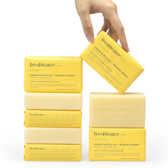 Freshwater Farm Australia lemon-myrtle-manuka-honey bar packaging highlights recyclable wrap.