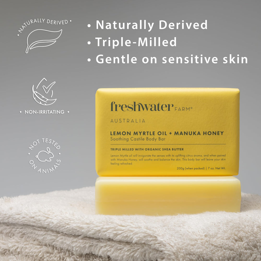 Freshwater Farm Australia natural castile soap lather for gentle cleansing.