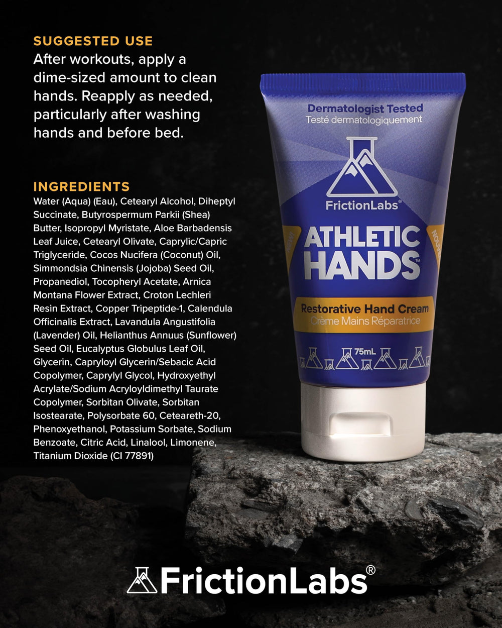 Friction Labs Athletic Hands dermatologist-tested label indicating allergy-tested and vegan.