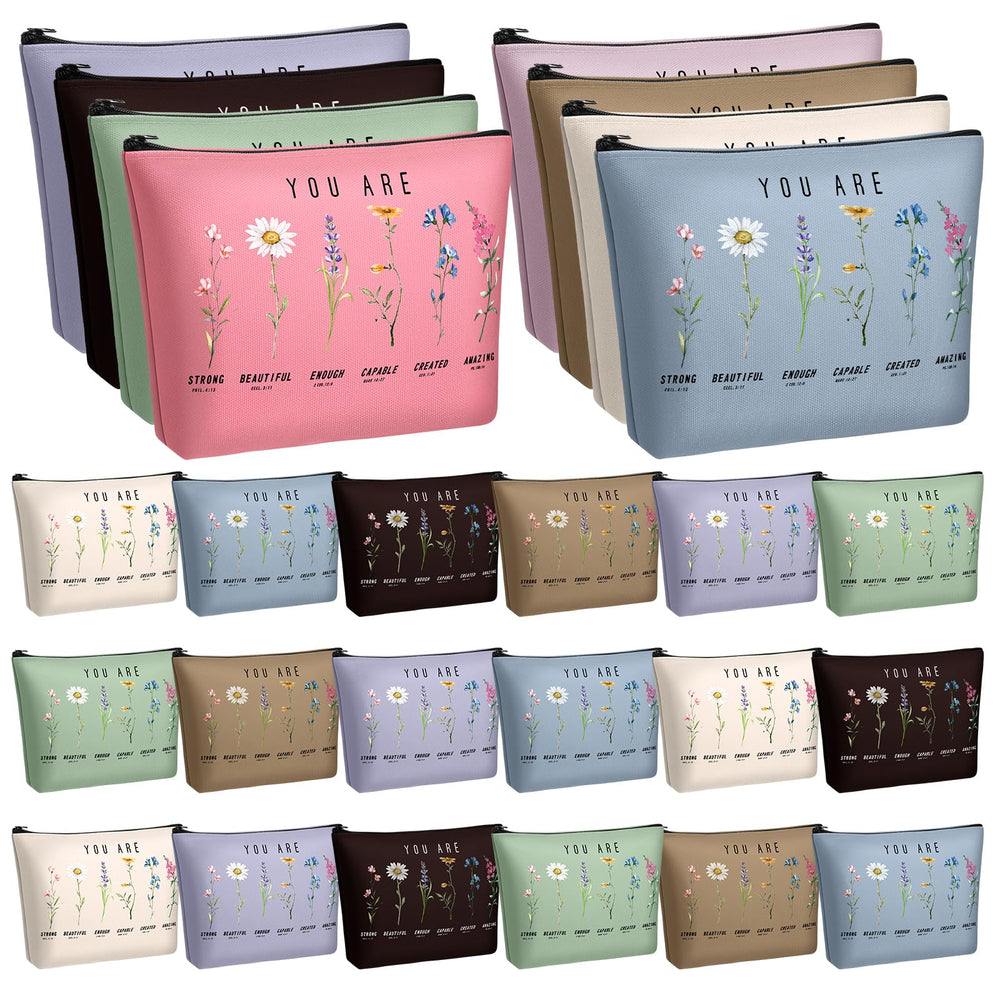 Frienda God Says You Are cosmetic bags bulk package displaying 24 styles for gifting and organization.
