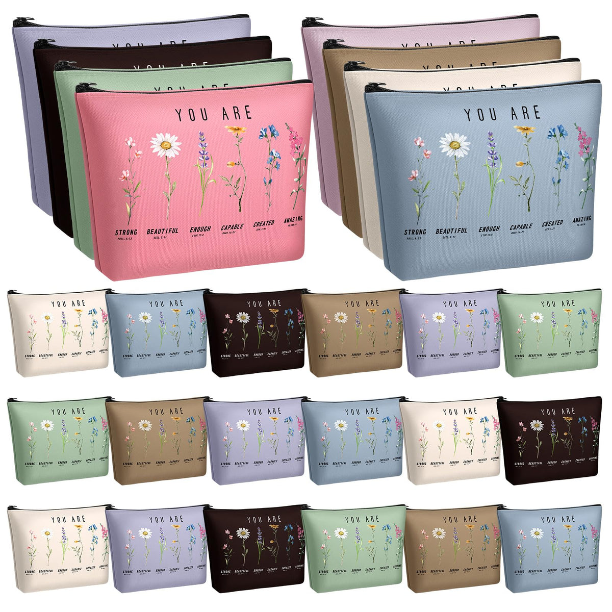 Frienda God Says You Are cosmetic bags bulk package displaying 24 styles for gifting and organization.