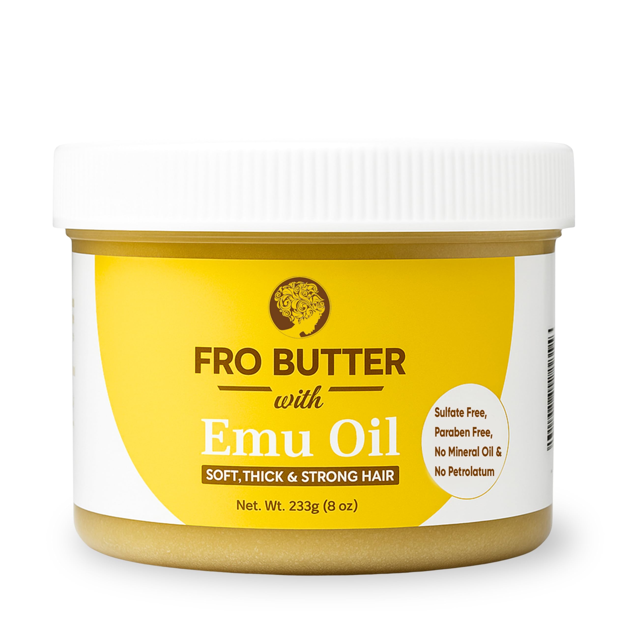 Fro Butter Emu Oil Moisturizer jar hydrates curls and edges.