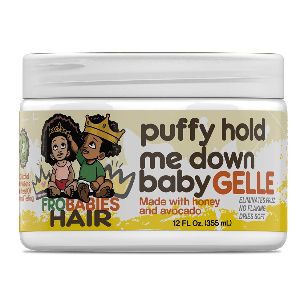 FroBabies Hair Puffy Hold Me Down Gelle highlights honey and avocado oils for moisture.