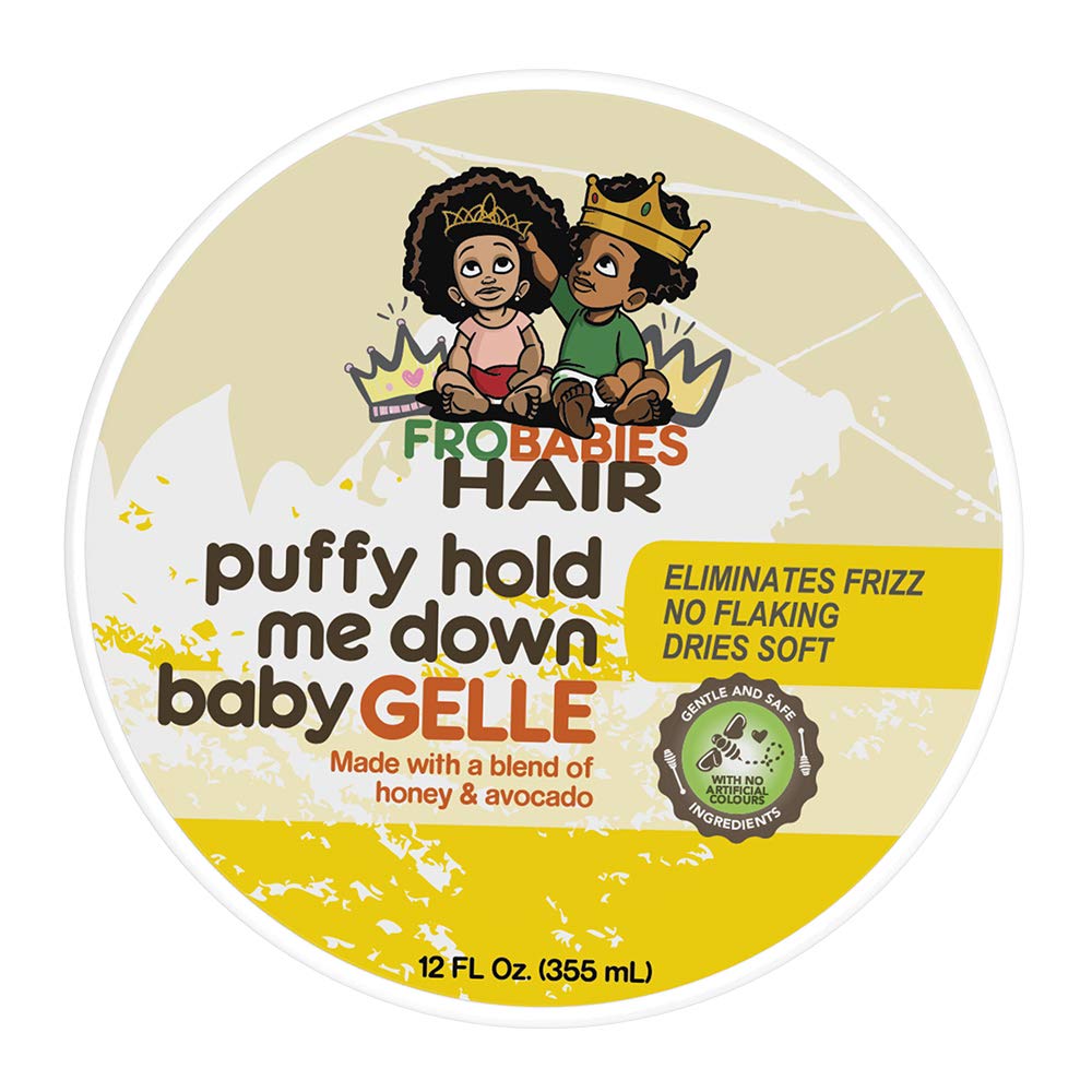 FroBabies Hair Puffy Hold Me Down Gelle finish provides soft shine and frizz control.