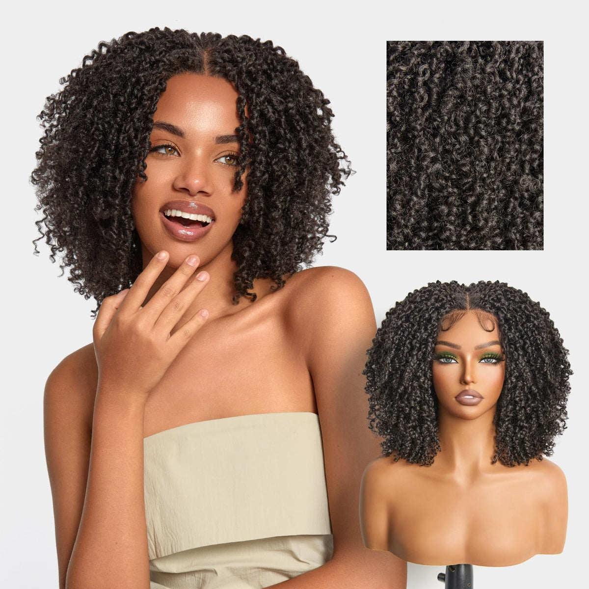 Frodio Veralux fiber 12-inch front wig close-up shows natural texture for everyday wear.