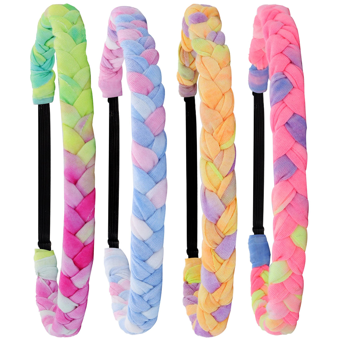 FROG SAC 4 braided headbands rainbow tie-dye front view, stylish for kids and teens.
