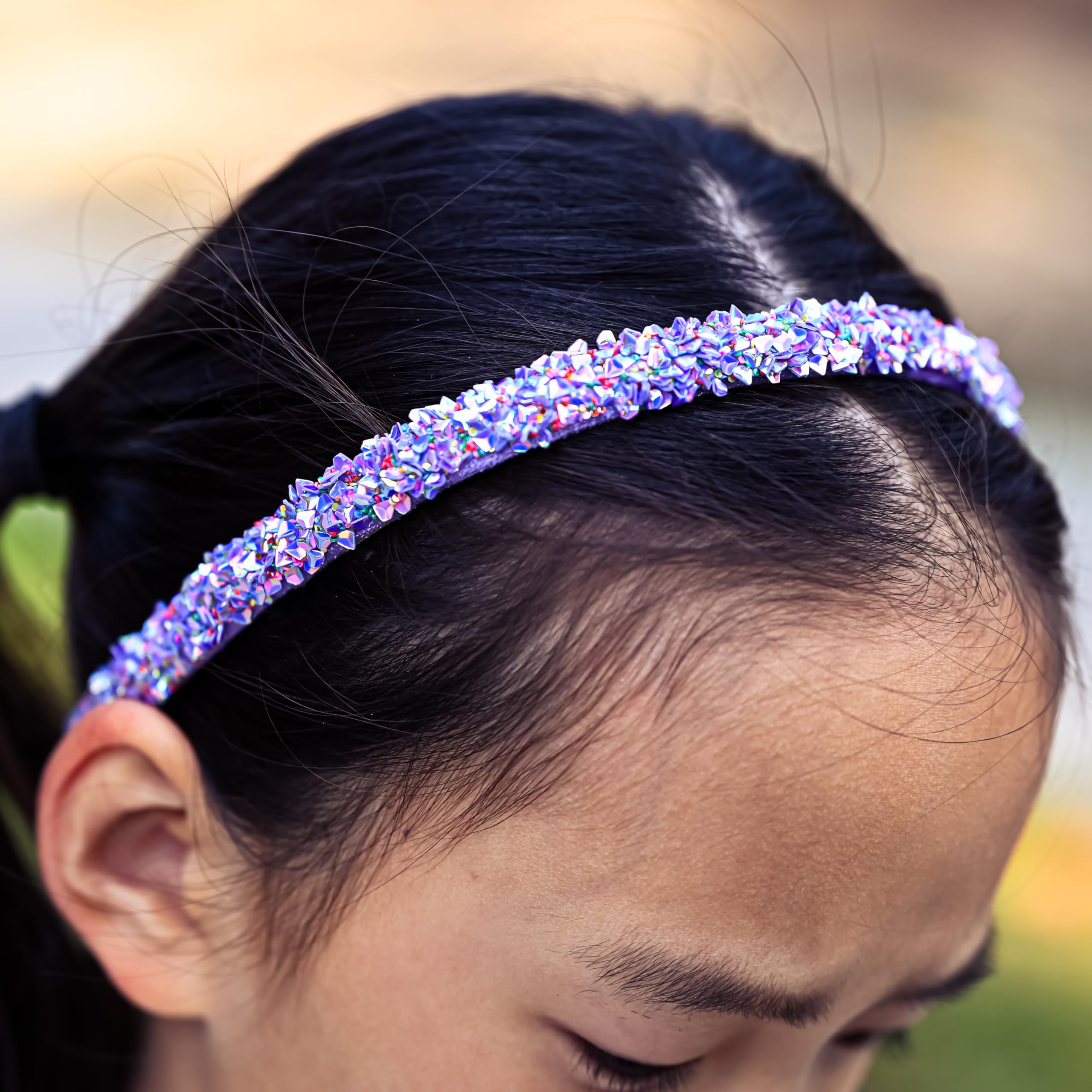 FROG SAC 4 thin headbands blue sequin on child wearing showcases non-slip comfort during school.