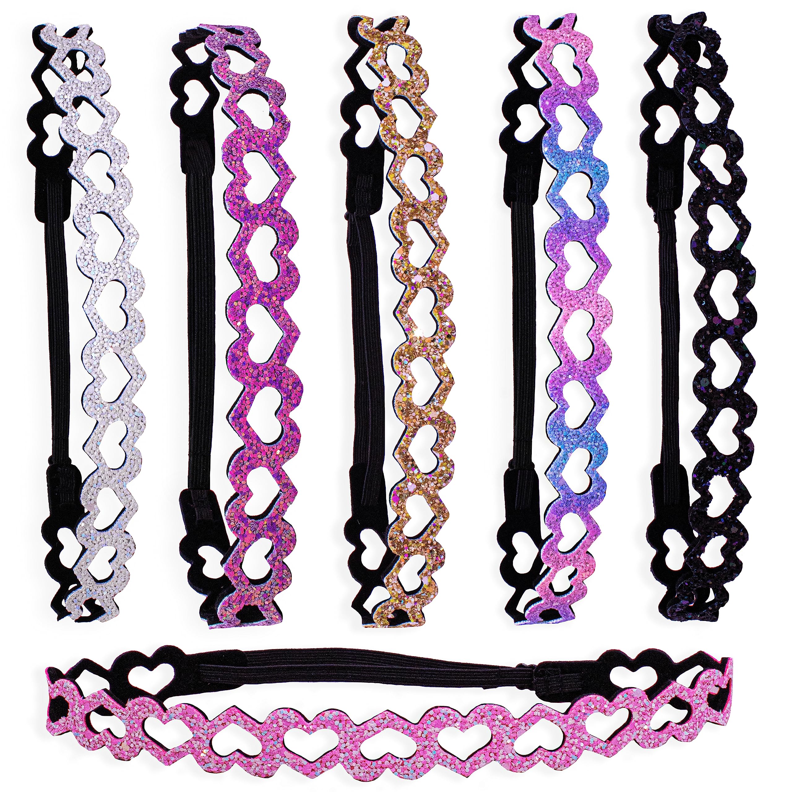 FROG SAC 6 glitter headbands pack closeup shows secure fit for activities