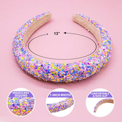 FROG SAC Glitter headband with felt lining close-up demonstrates comfy, non-slip wear.