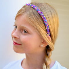 FROG SAC pink sequin headband closeup adds sparkle while staying put during activities.