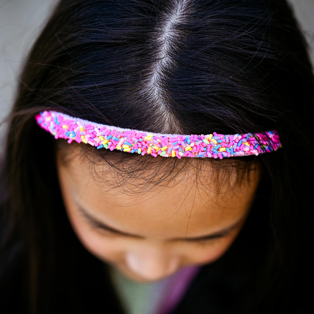 FROG SAC purple sequin headbands closeup brightens outfits and keeps hair away from face.