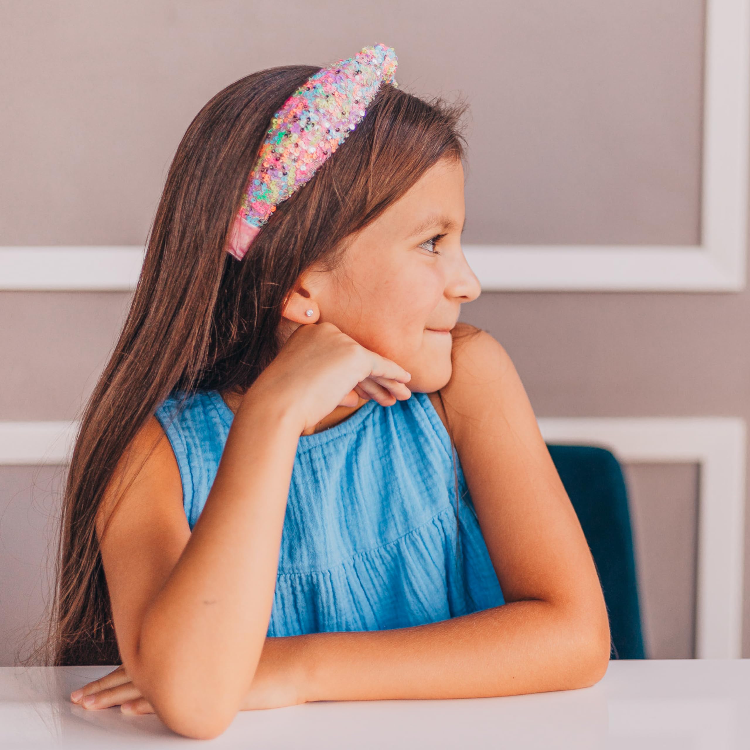 FROG SAC Kids wearing rainbow sequin headband for bold everyday style