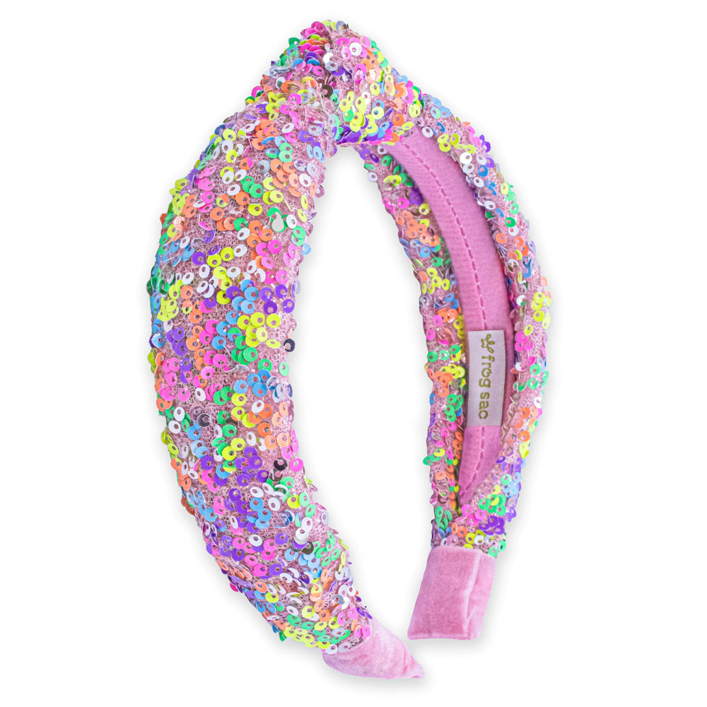 FROG SAC Rainbow Sequin Knotted Headband closeup adds sparkle for kids