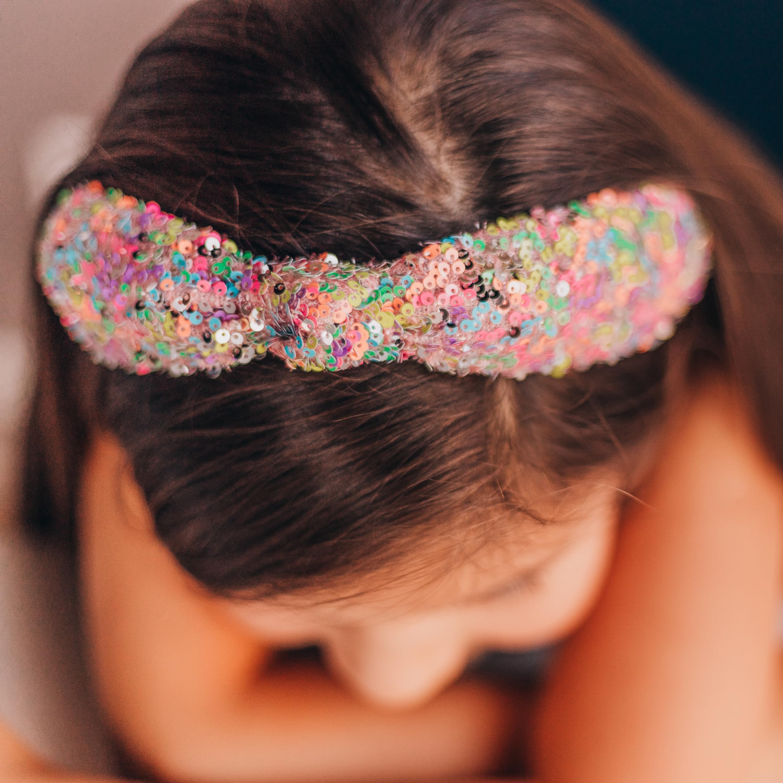 FROG SAC Rainbow Sequin Headband on girl complements party outfits