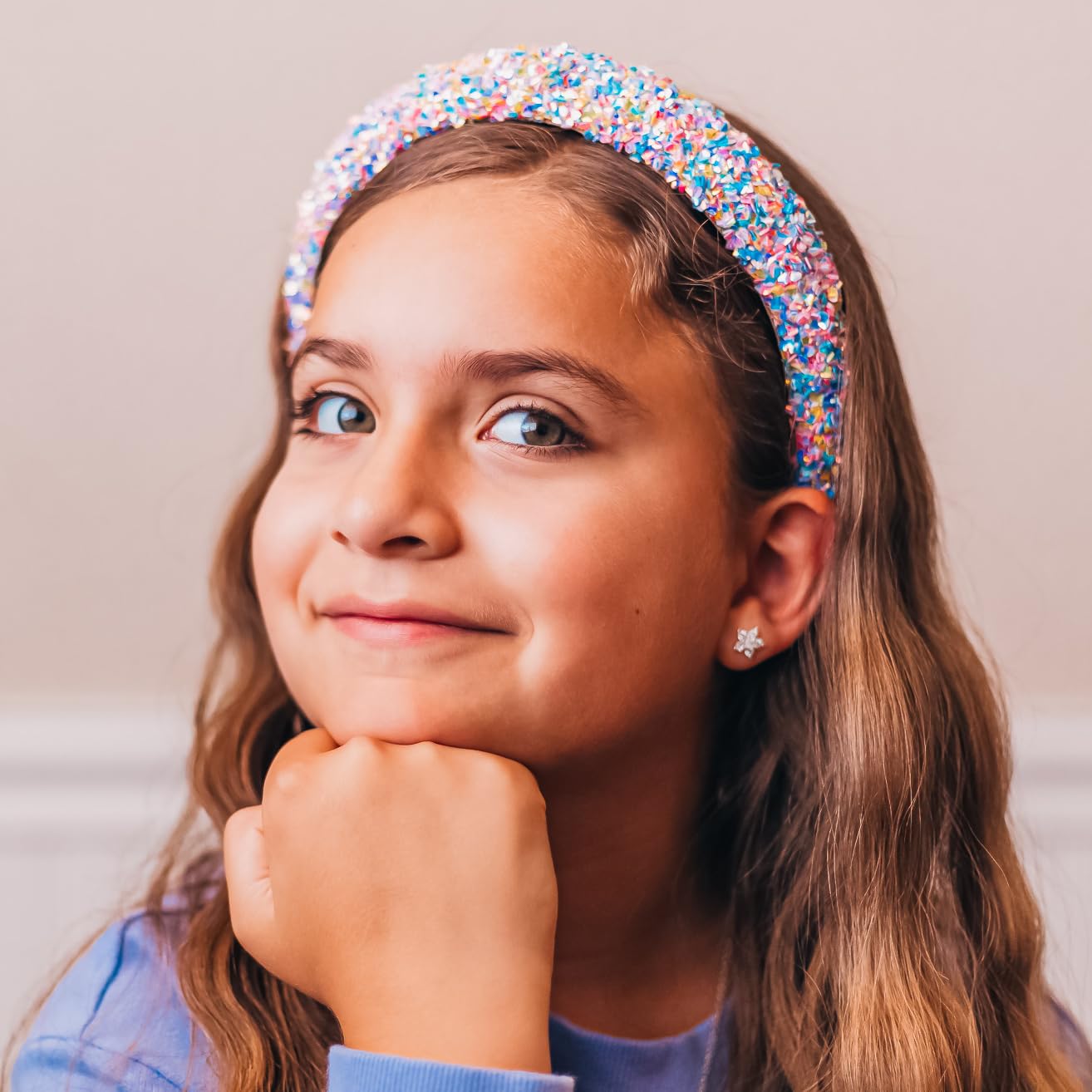 FROG SAC Puffy sequin headband portrait showcases bold, celebratory sparkle.