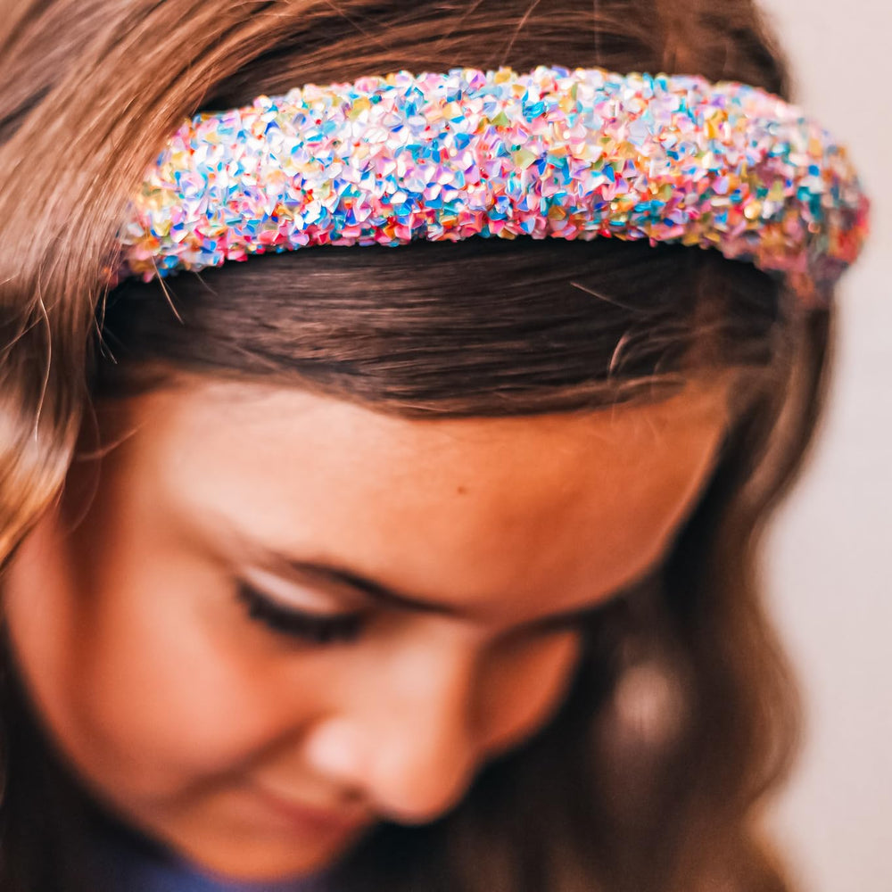 FROG SAC Rainbow Sequin Headband worn for a party look with playful shine.