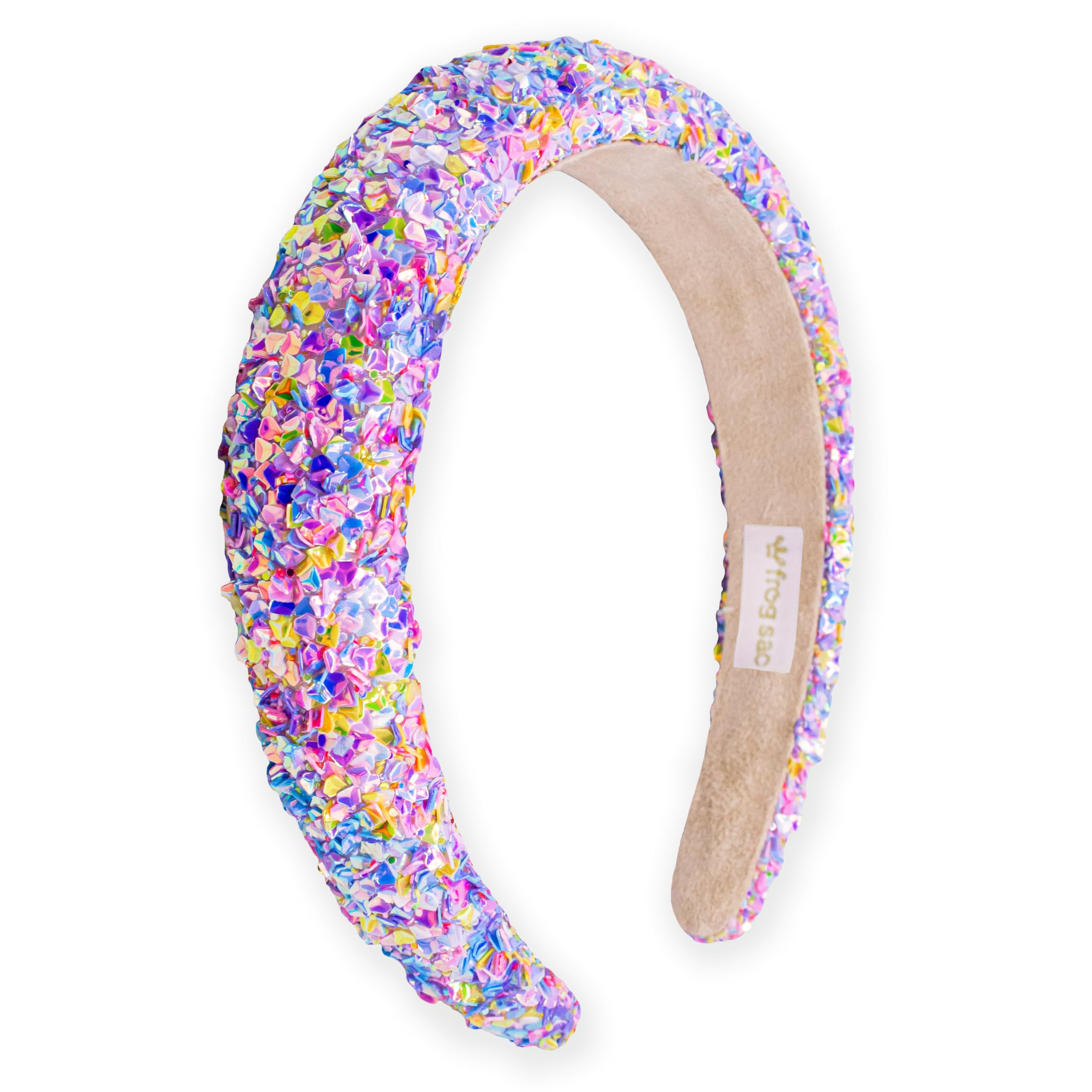 FROG SAC Rainbow Sequin Headband padded front view offers sparkle and all-day comfort for kids.
