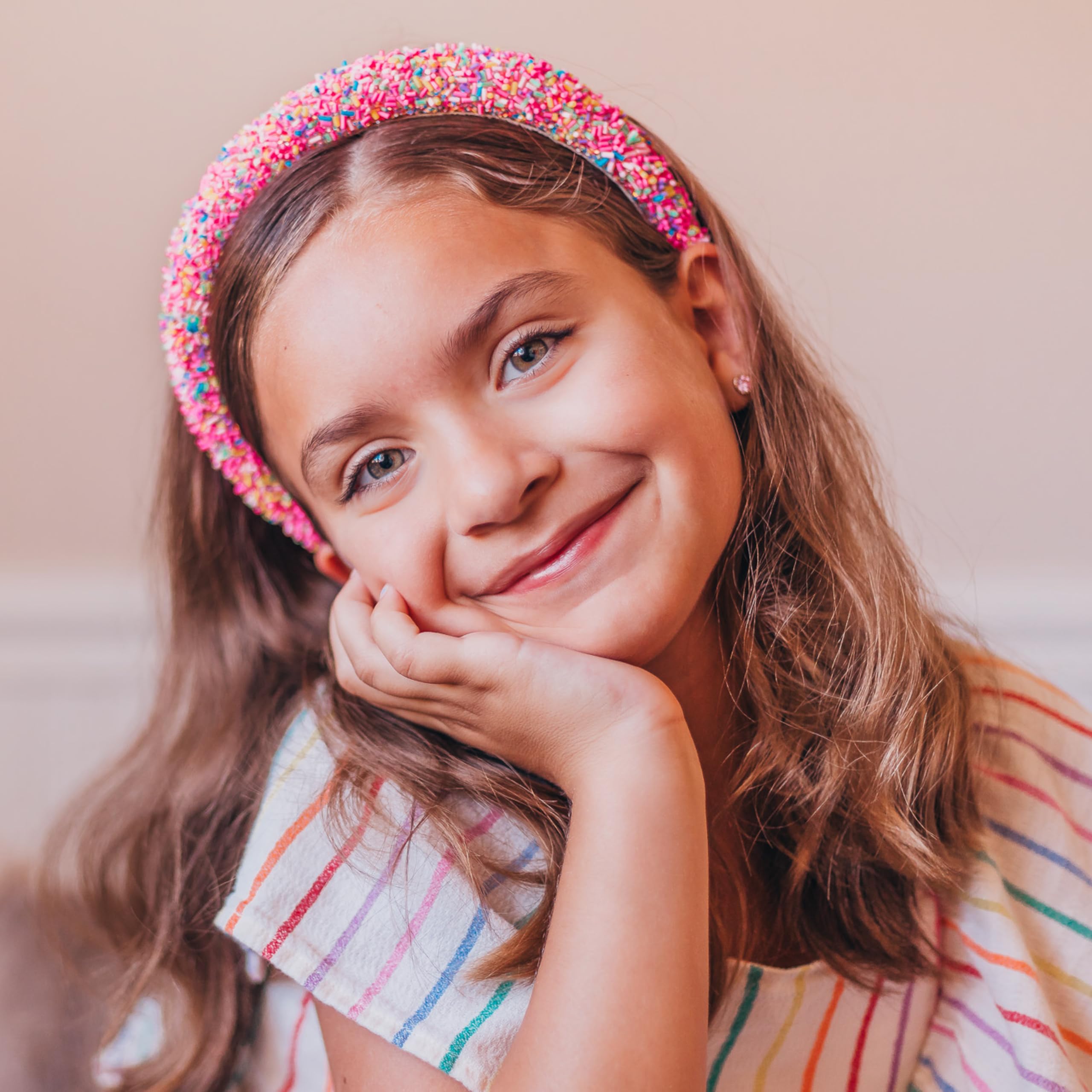 FROG SAC headband confetti neon design on model highlights bold sparkle for school or party