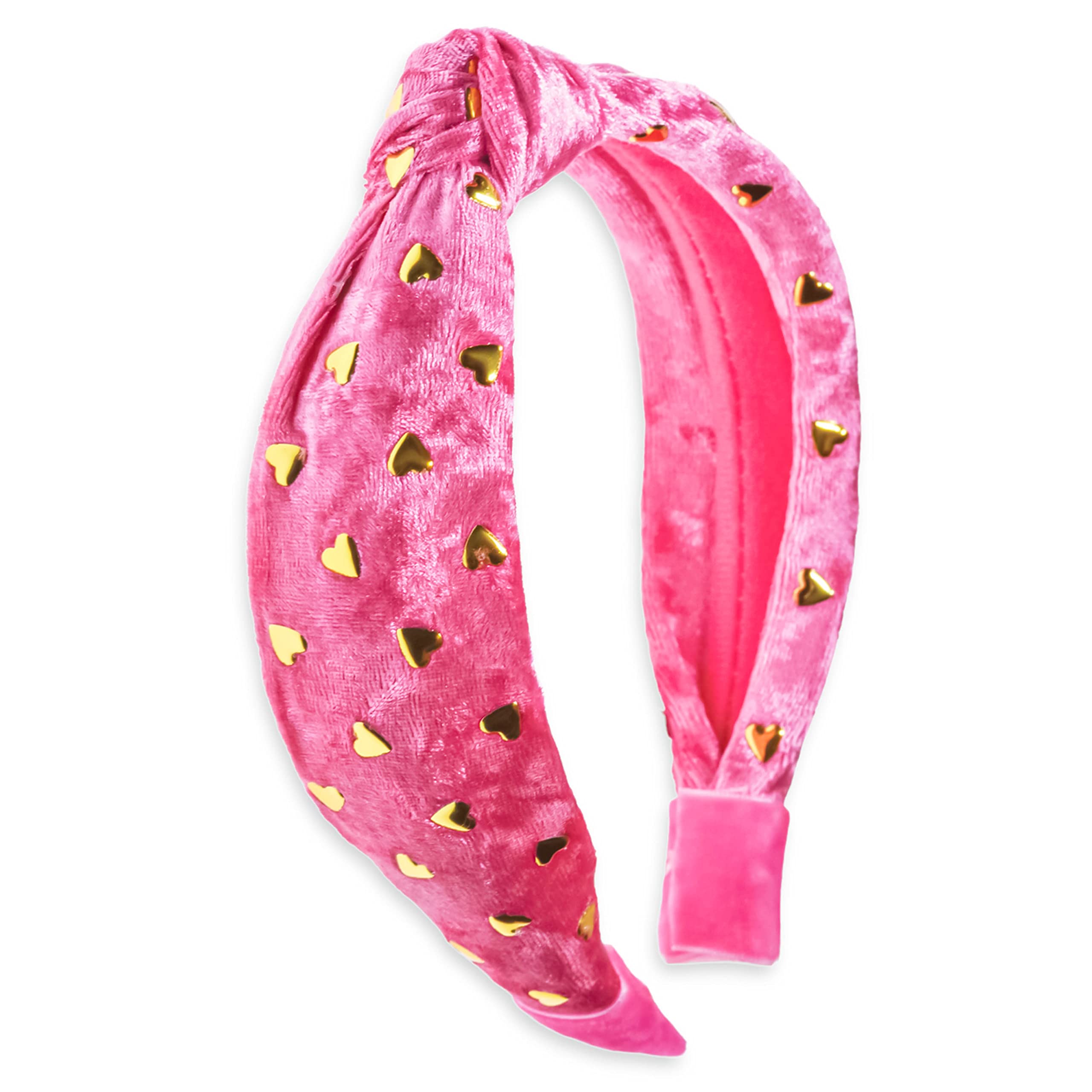 FROG SAC heart headband in pink velvet knots with gold studs for all-day comfortable wear.