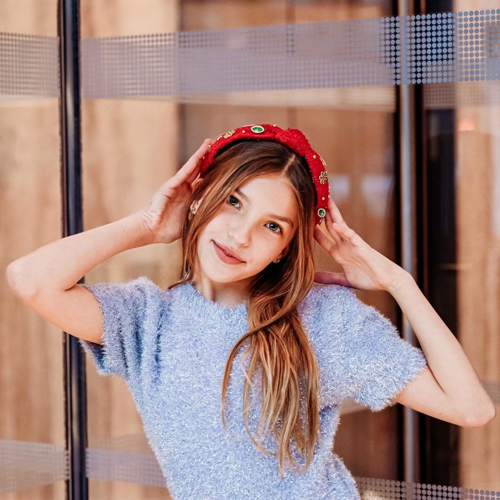FROG SAC headband includes a festive Christmas-tree motif for holiday outfits