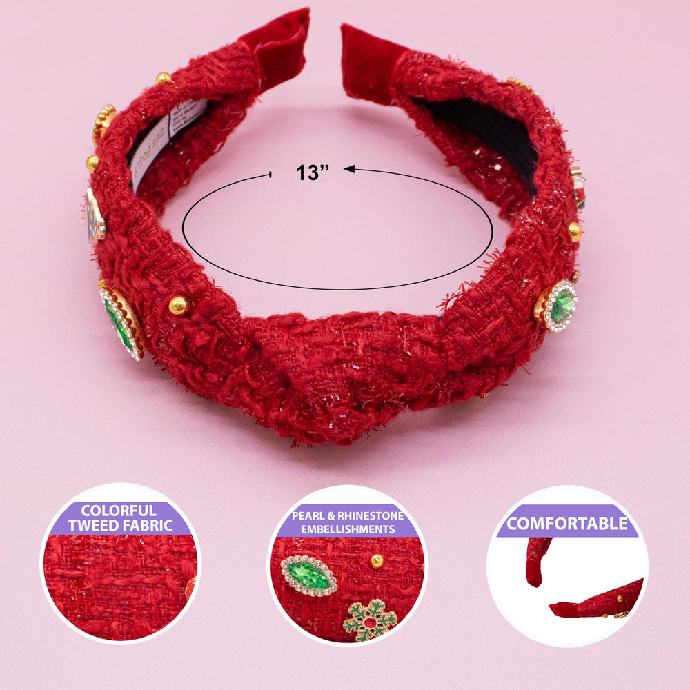 FROG SAC headband showcases snowflakes, candy canes, and Christmas trees for seasonal charm