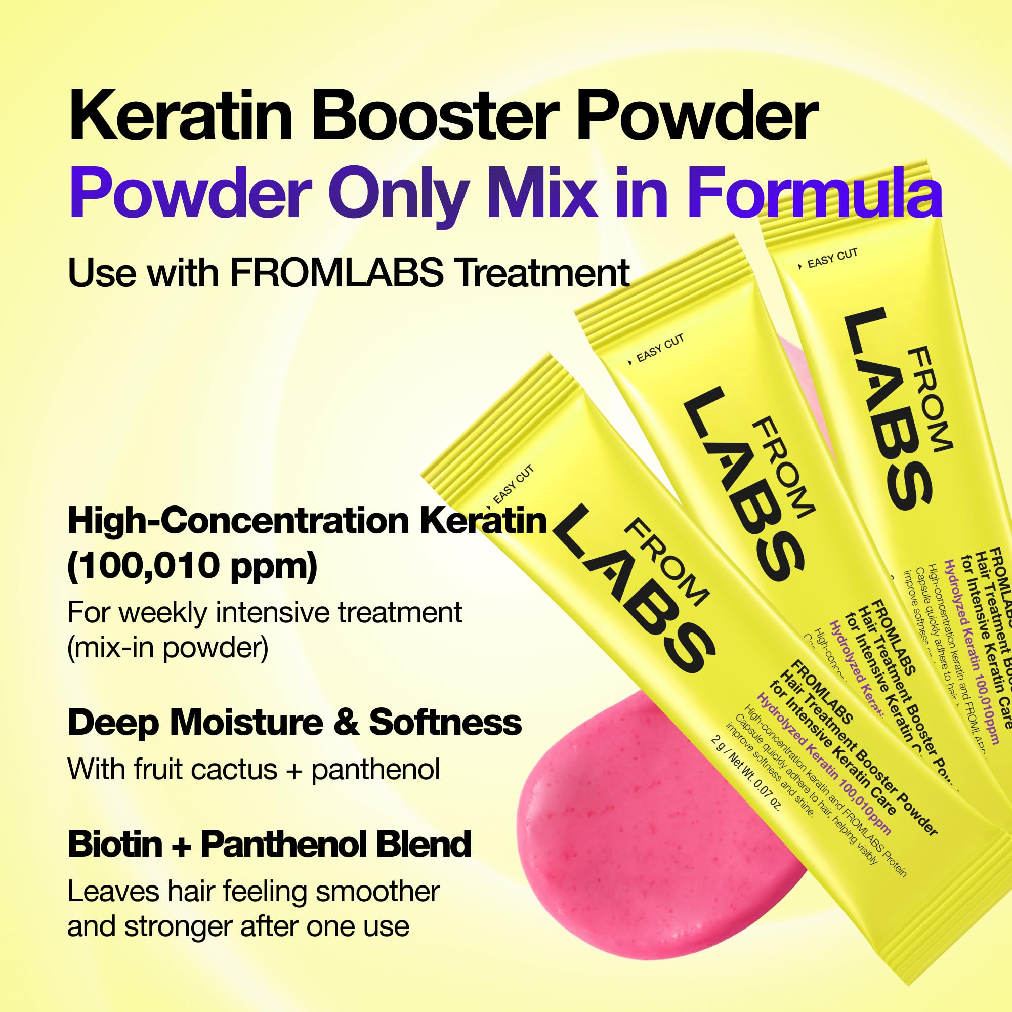 FromLabs booster powder scoop close-up showing fine keratin mix-in.