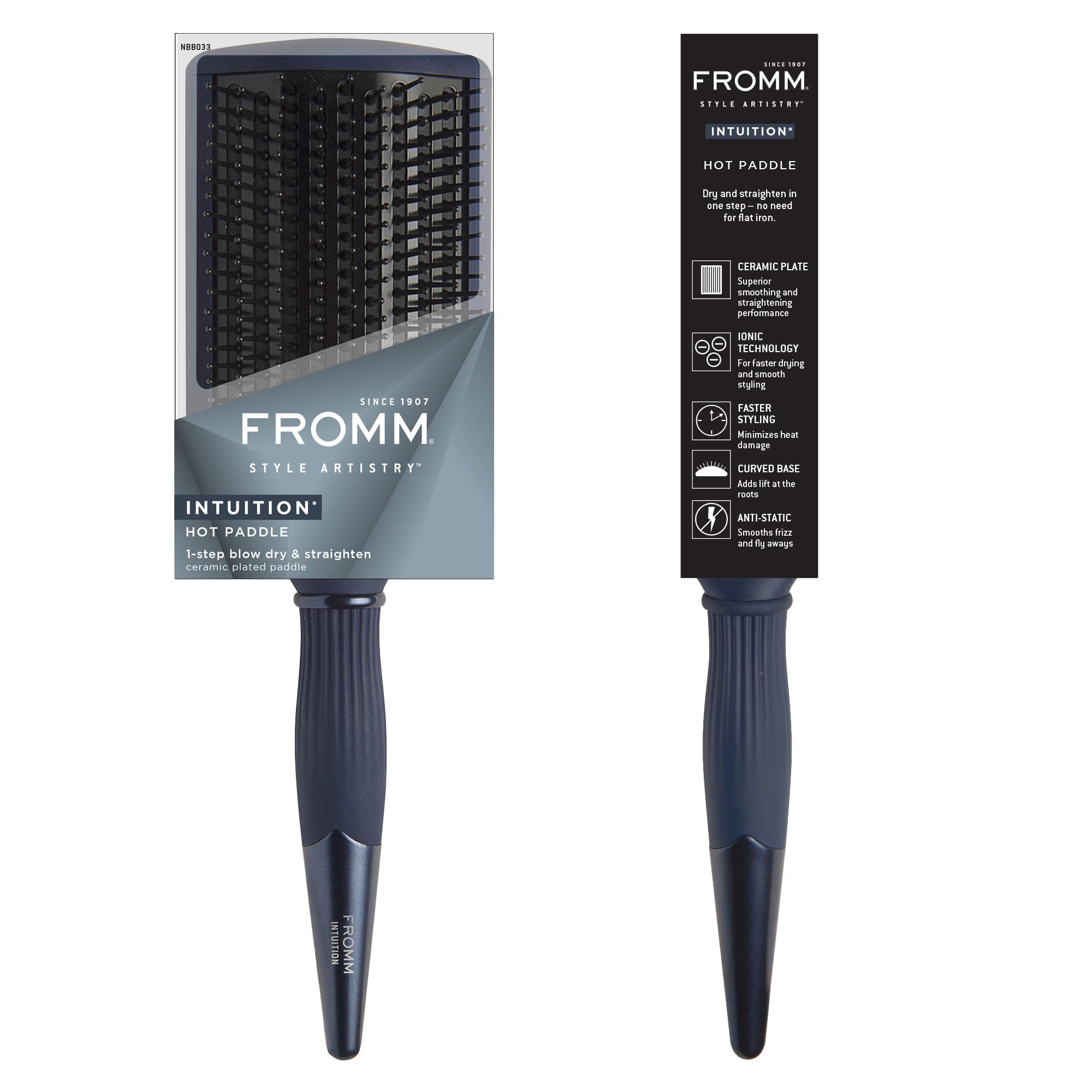 Fromm Intuition travel-friendly paddle brush pairs with hotel dryer