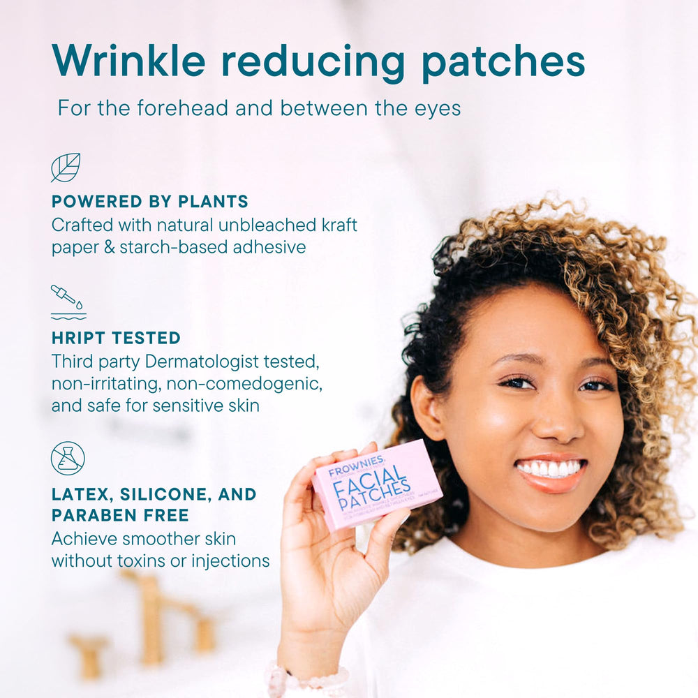 Frownies between-the-eyes patches during application, tacky adhesive ready for overnight wear.