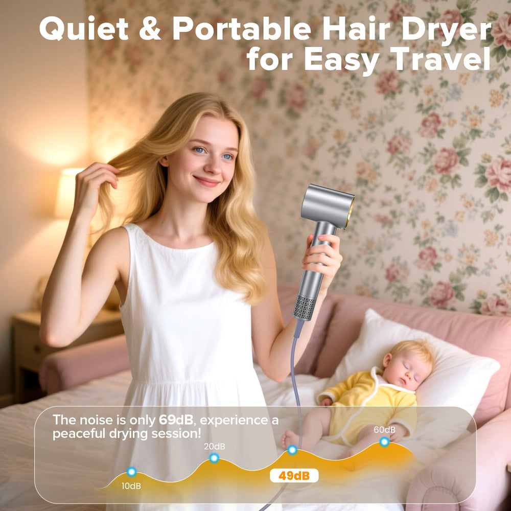 FRREGRN hair dryer travel-friendly compact body fits in luggage.