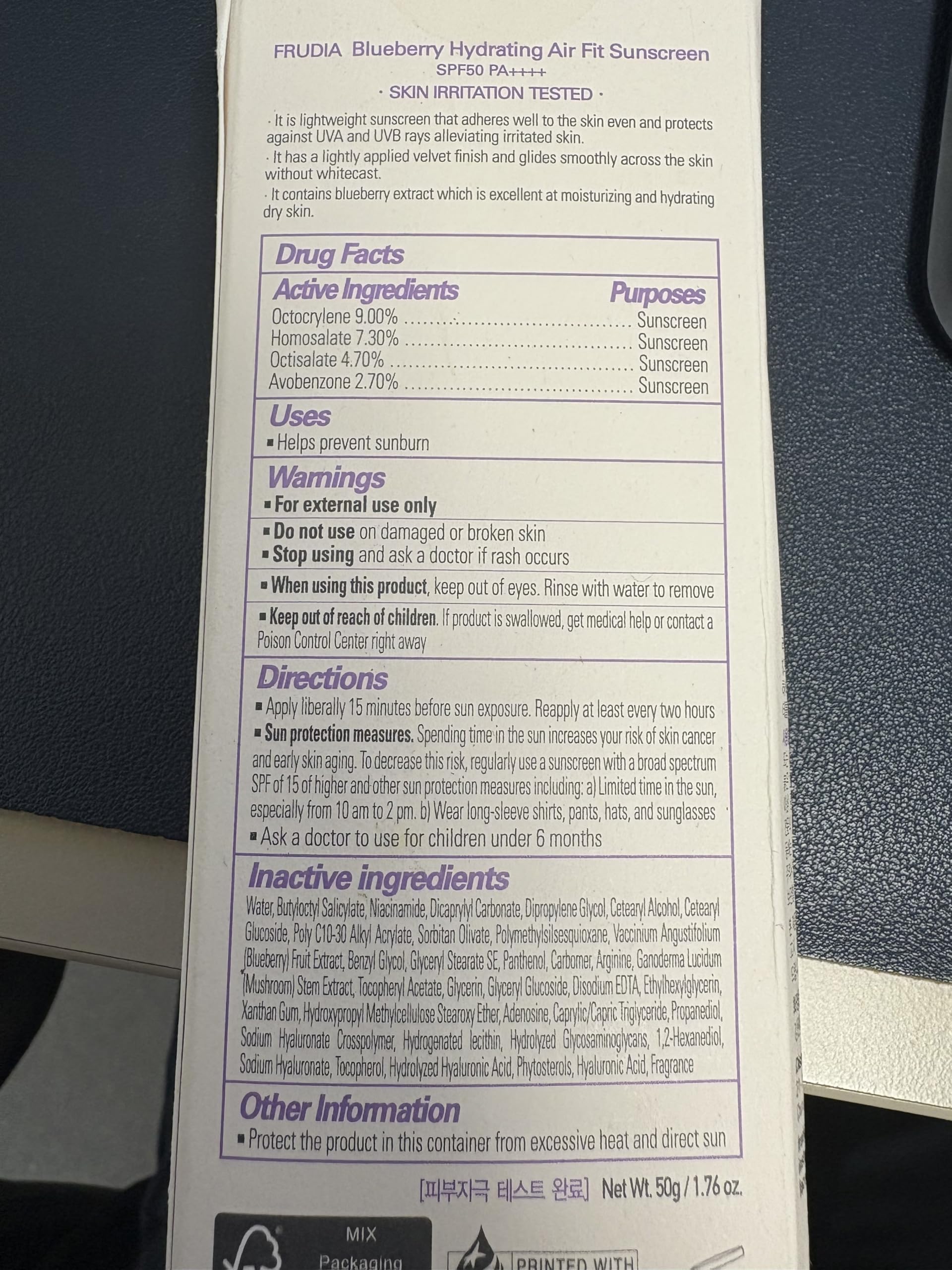 FRUDIA Blueberry Hydrating Air Fit Sunscreen reishi extract suggests calming skincare benefits.