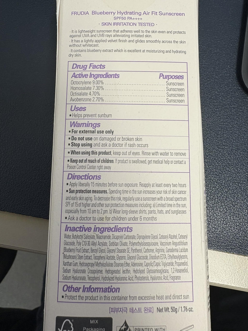 FRUDIA Blueberry Hydrating Air Fit Sunscreen reishi extract suggests calming skincare benefits.