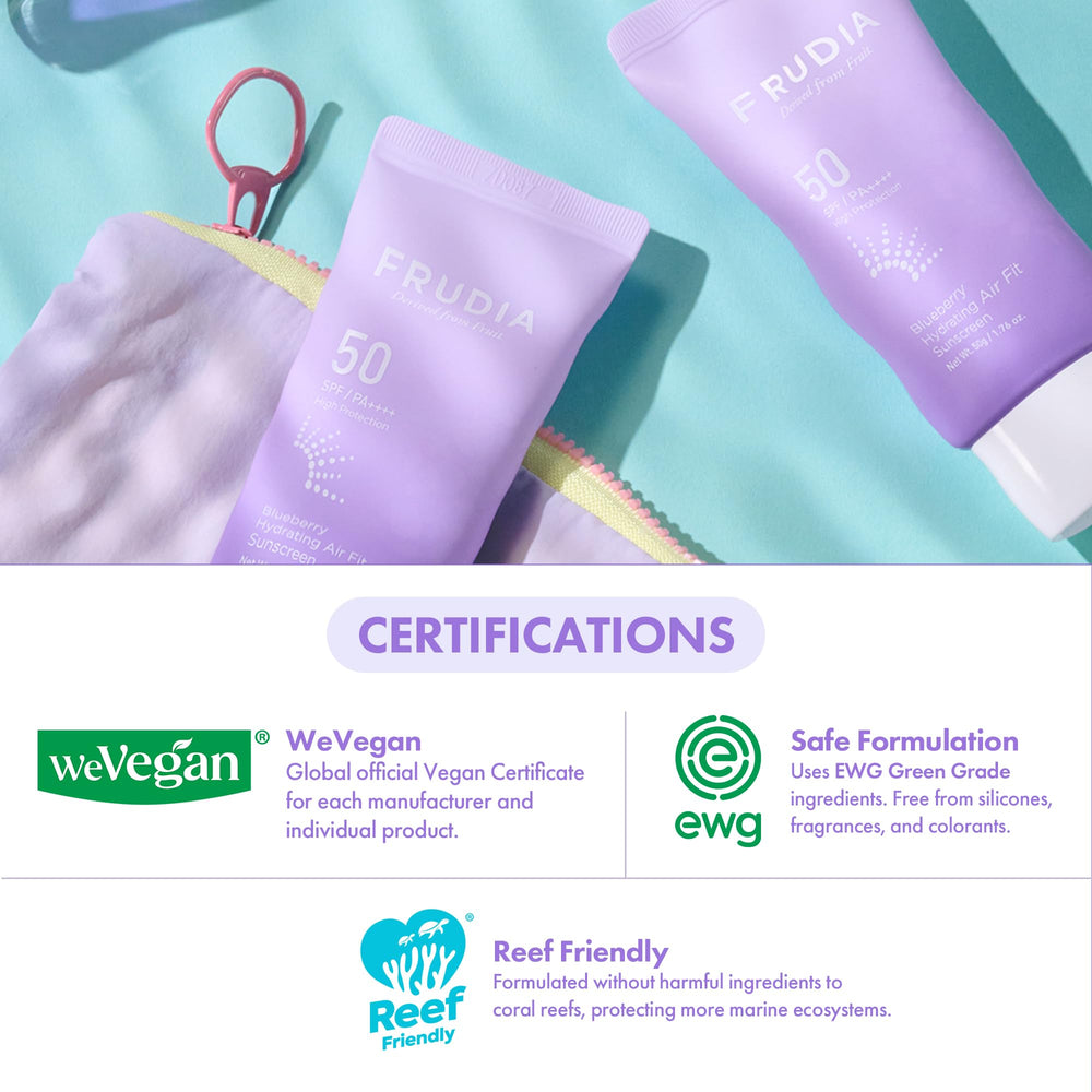 FRUDIA Blueberry Hydrating Air Fit Sunscreen triple hyaluronic acid glow under skin.