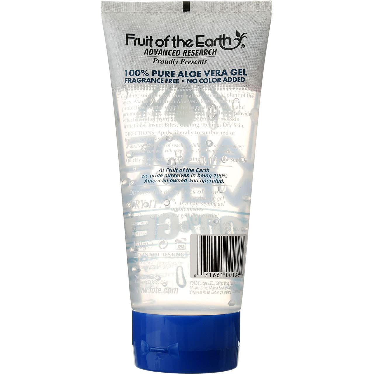 Fruit of the Earth Aloe Vera Gel fresh leaves origin emphasizes plant-based freshness.