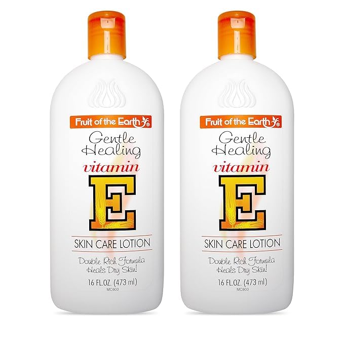Fruit of the Earth Vitamin E Lotion bottle front promotes daily moisture and skin softness.