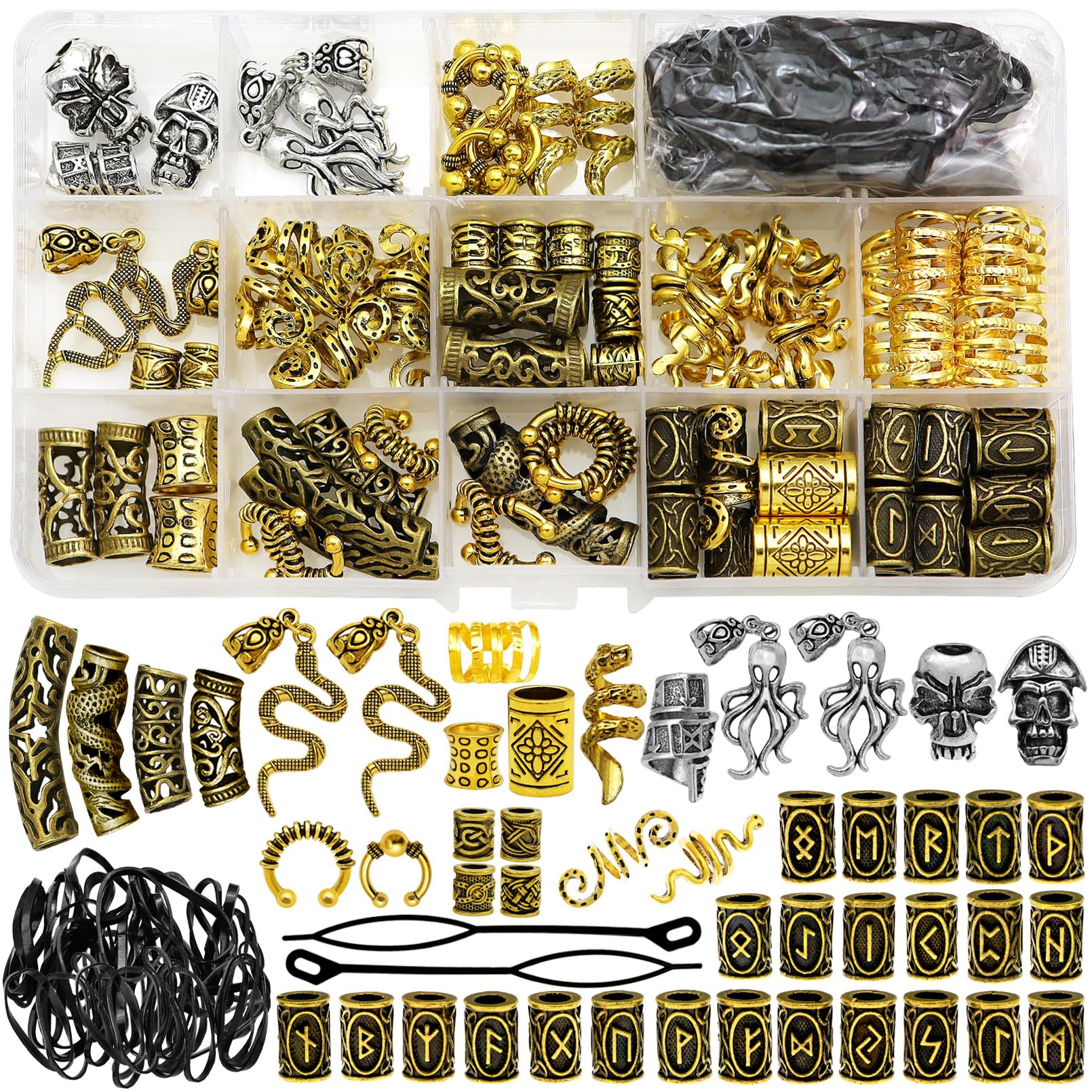 Fscwlmon 207pcs Viking hair jewelry kit box open shows organized accessories for quick styling.