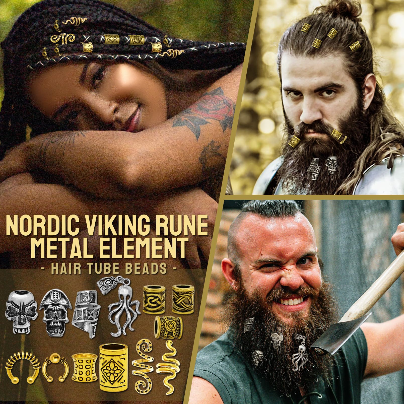 Fscwlmon Viking beard beads close-up highlight durable metal details for beard decoration.