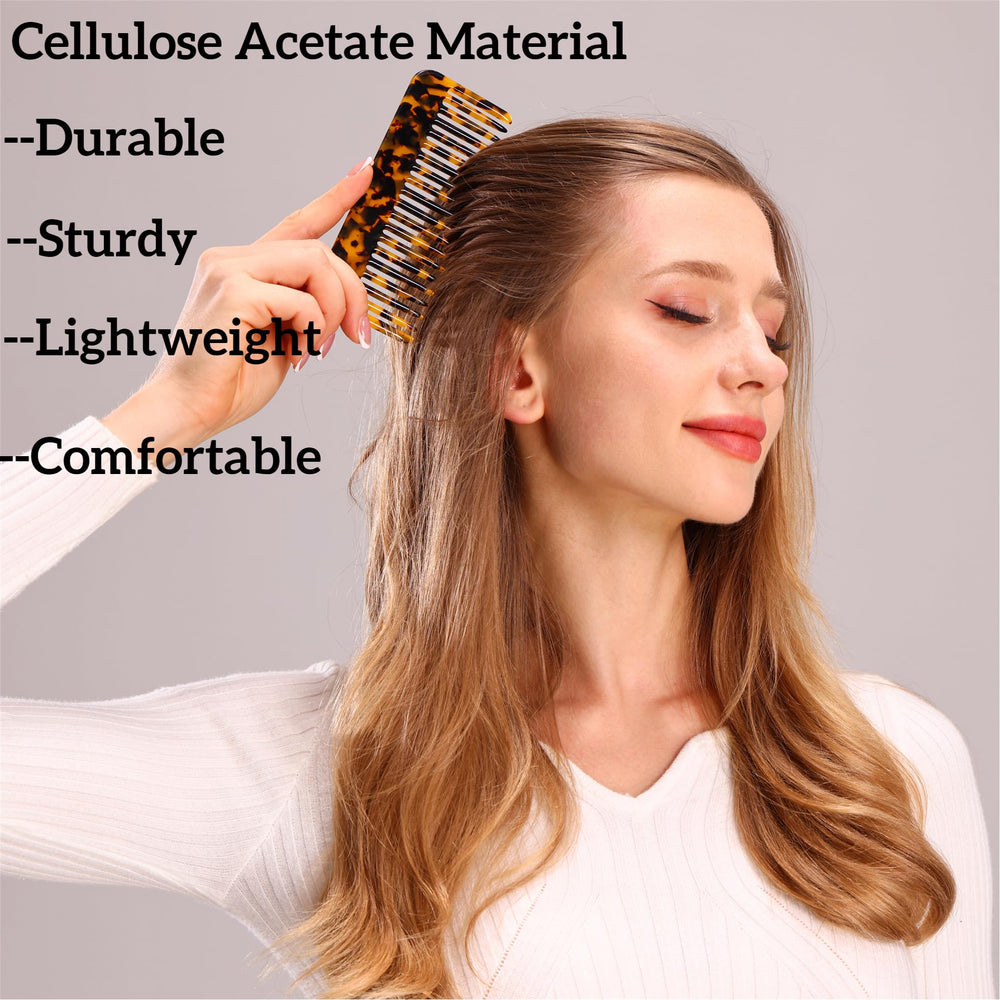 Fsmiling wide-tooth comb on dry hair to reduce snags and breakage