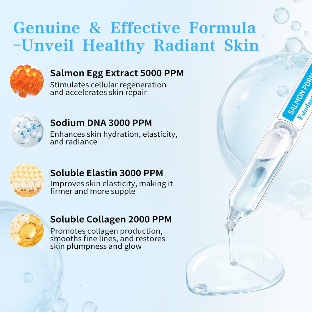 Fstudant Salmon DNA PDRN Serum application demonstrating even-toned, glowing complexion