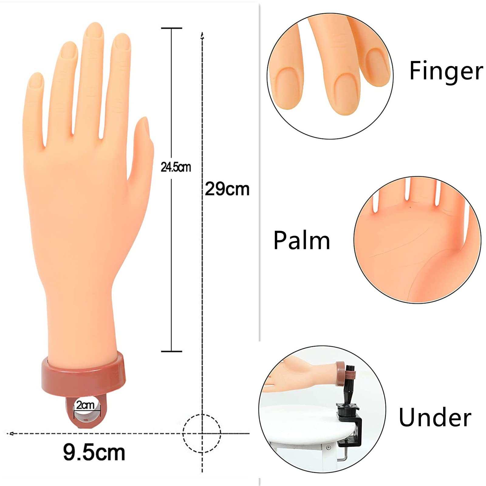 FU SHEN Nail Practice Hand in flexible pose demonstrates adjustable position for practice.