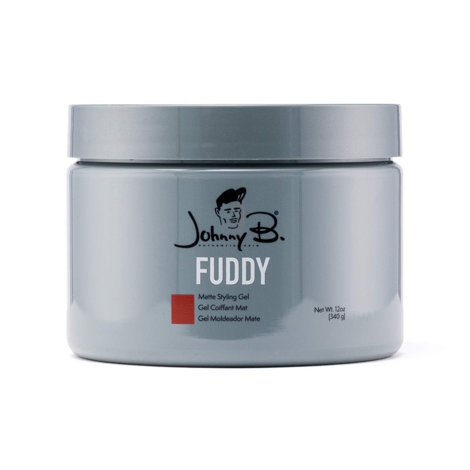 Johnny B. Fuddy 12oz bottle shows strong hold for matte-styled hair.