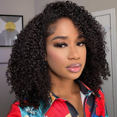 Fuduete 16-inch kinky curly half wig on stand showing natural silhouette for everyday wear