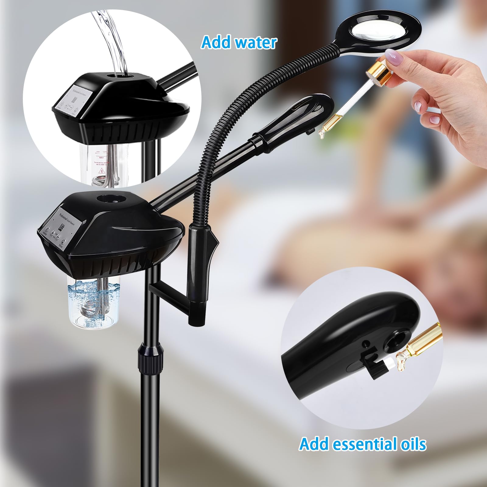 Fuehomue 360-degree nozzle captures steam from multiple angles during treatments.