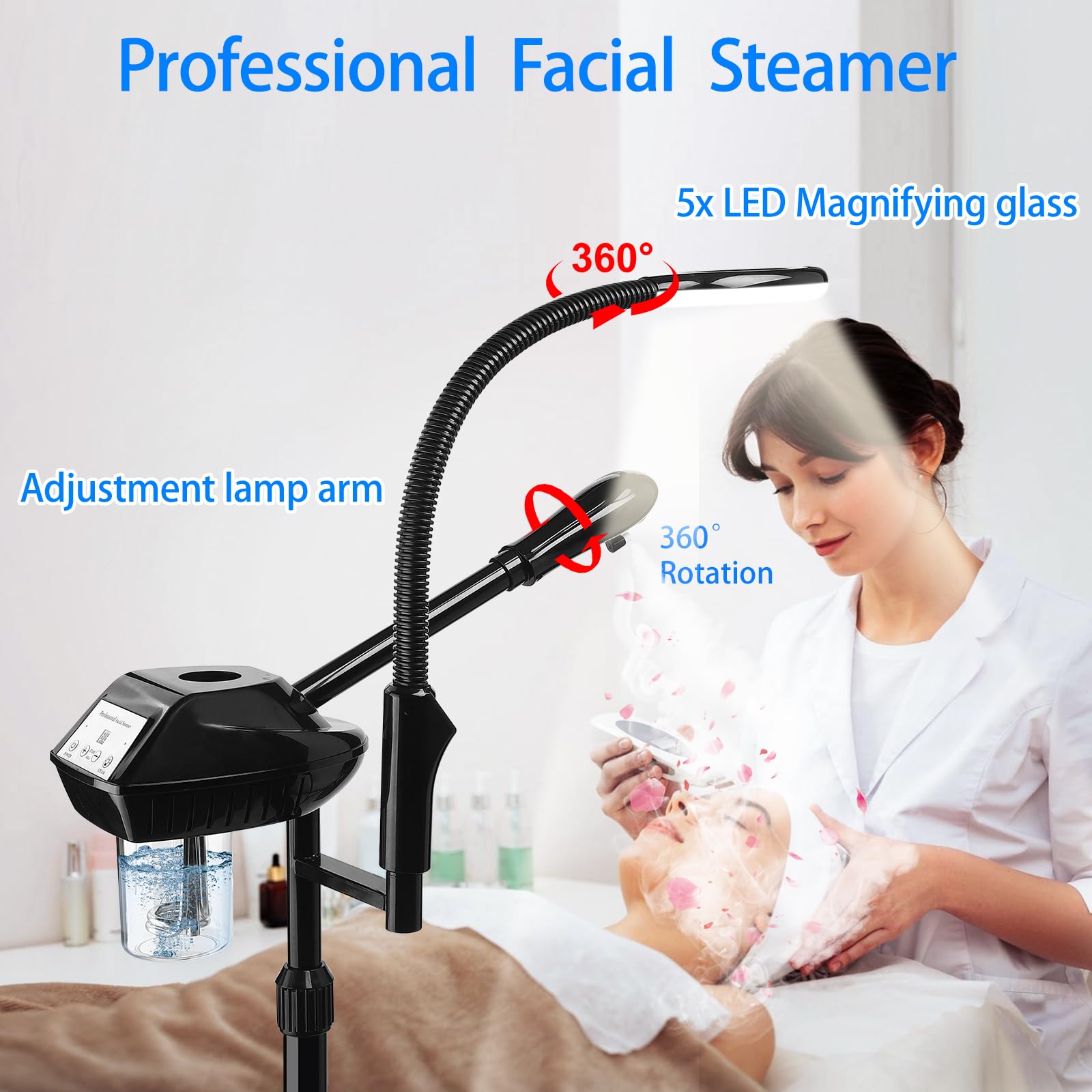 Fuehomue 5x magnifying lamp highlights pores for detailed skincare analysis.