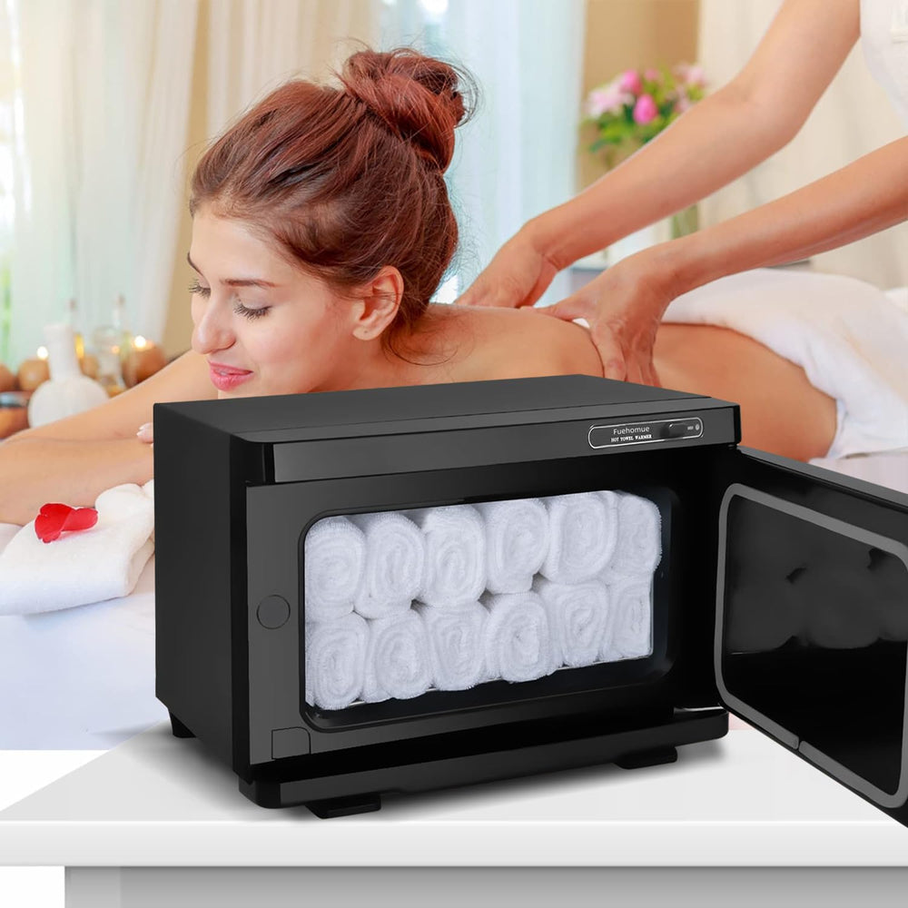 Fuehomue black finish towel warmer adds professional style to salons