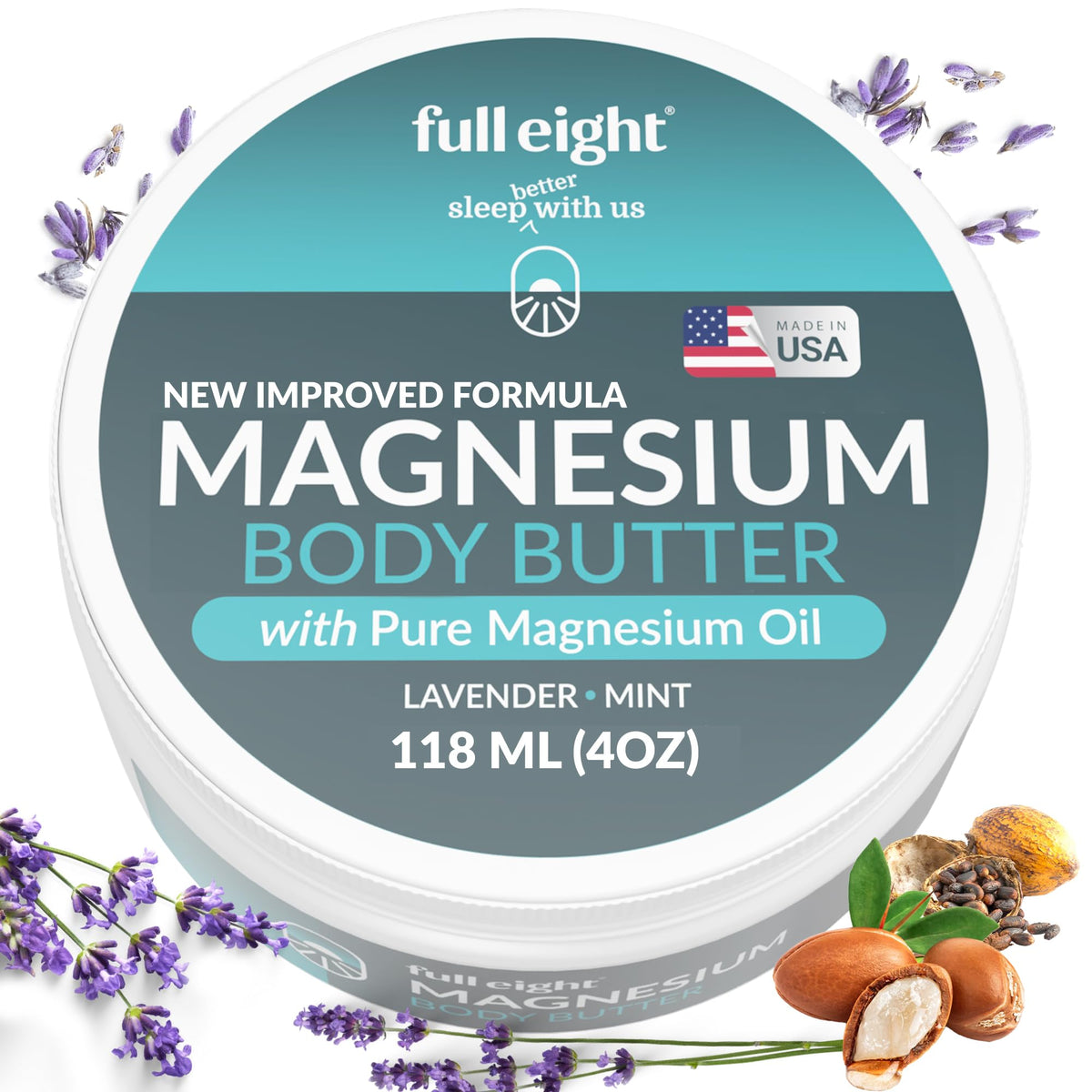 Full Eight Magnesium Body Butter jar shows soothing deep tissue relief for tired legs