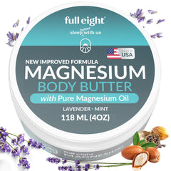 Full Eight Magnesium Body Butter jar shows soothing deep tissue relief for tired legs