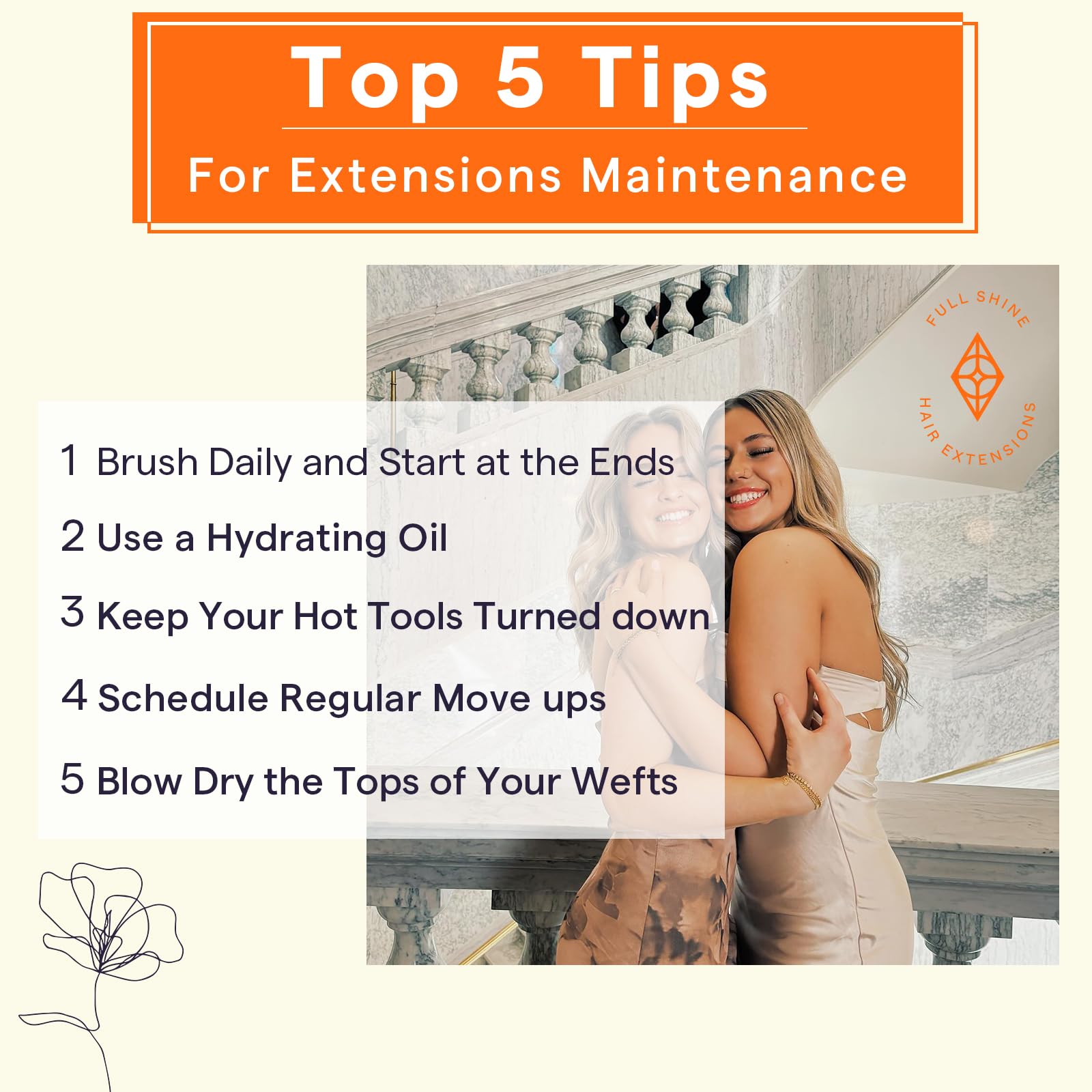 Full Shine care tips graphic showing gentle washing and drying guidance.