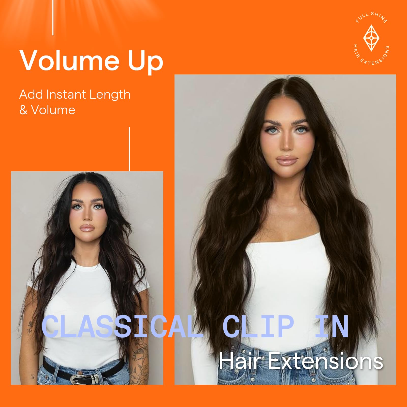 Full Shine model wearing extensions to illustrate versatile styling from day to night
