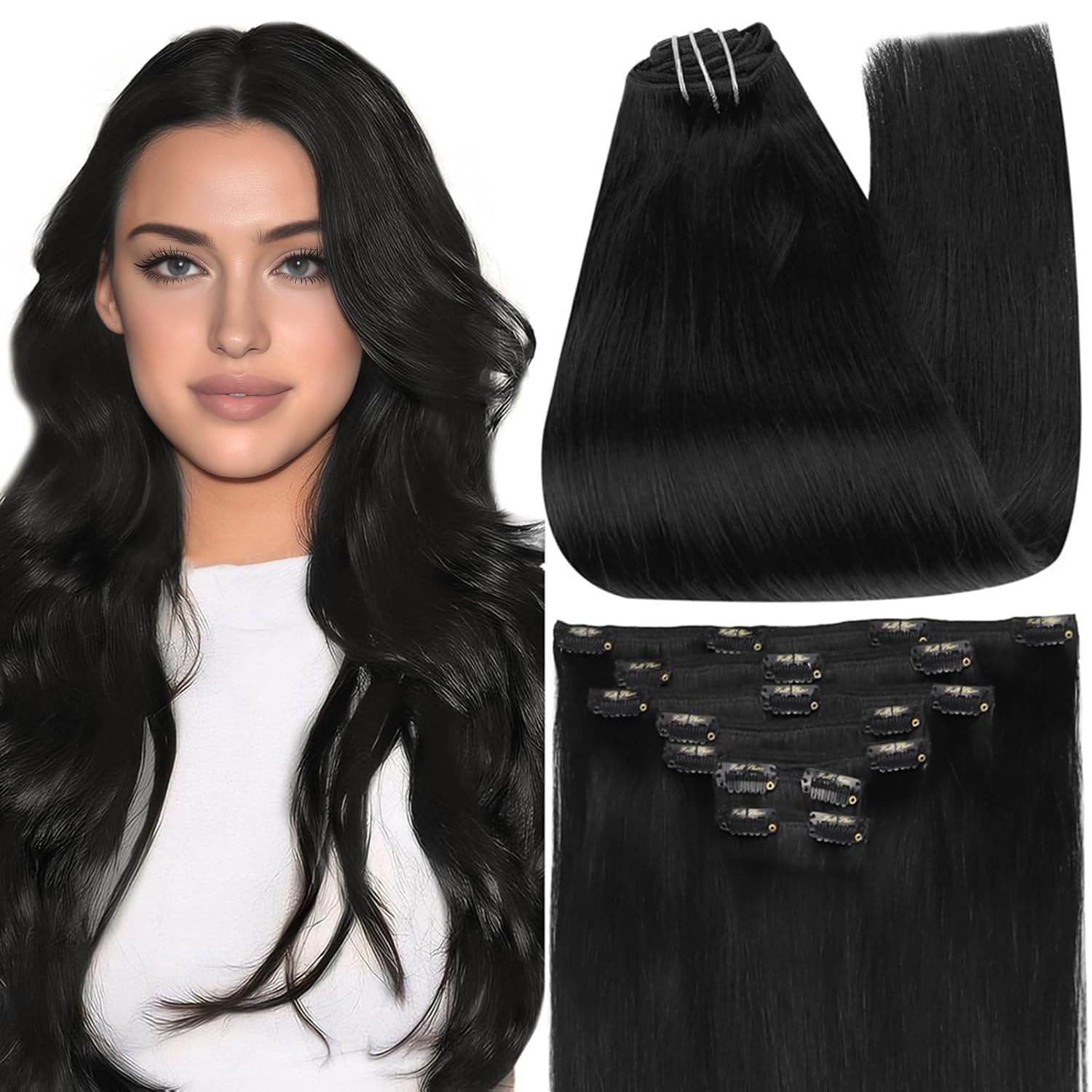 Full Shine clip-in set, jet-black color for seamless blend and instant length.
